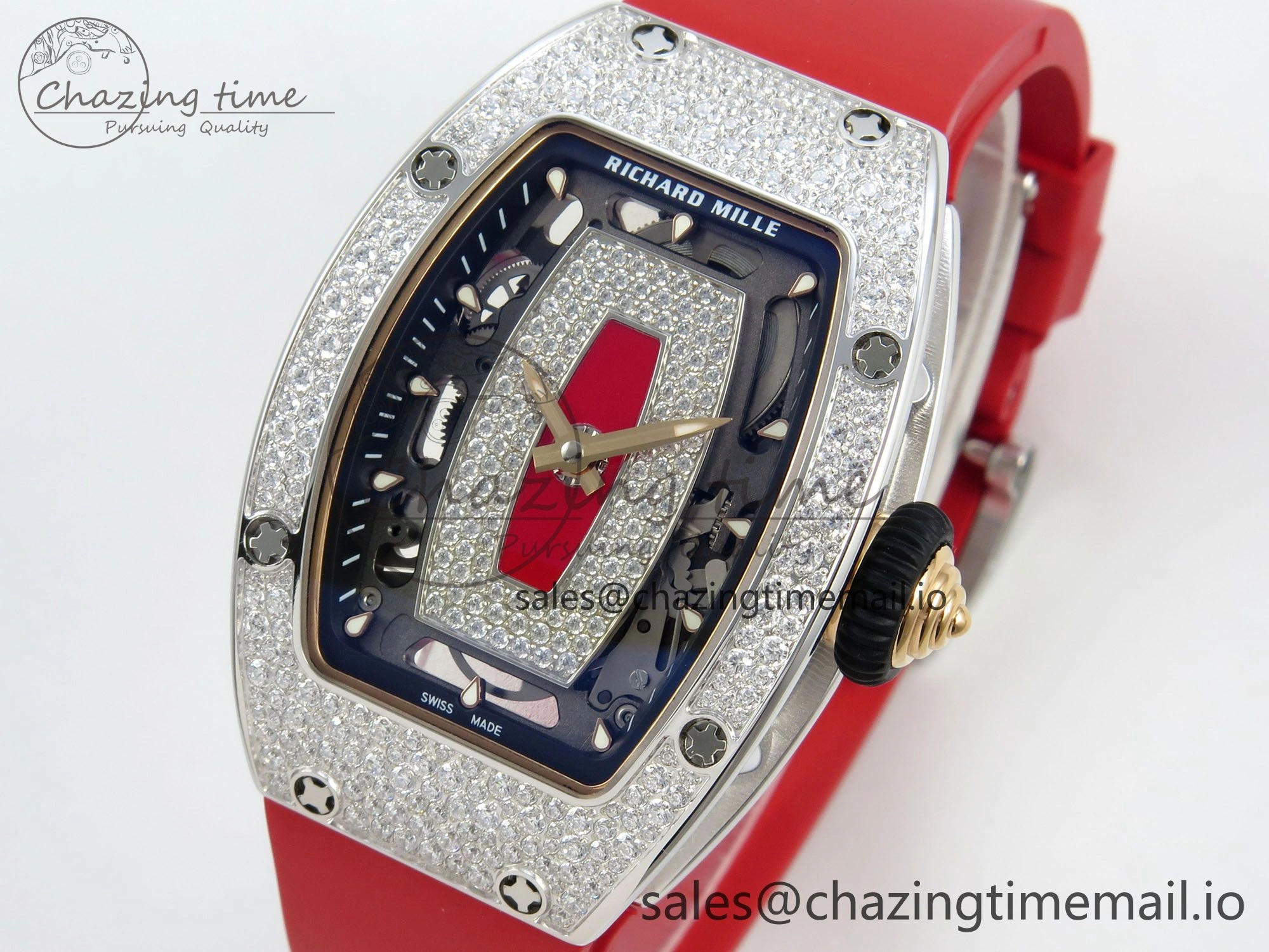 FlexibleFit RM07 Ladies Snow Diamonds SS ZF 1:1 Best Edition Red Dial on Red Rubber Strap CRMA2 Clone 9147