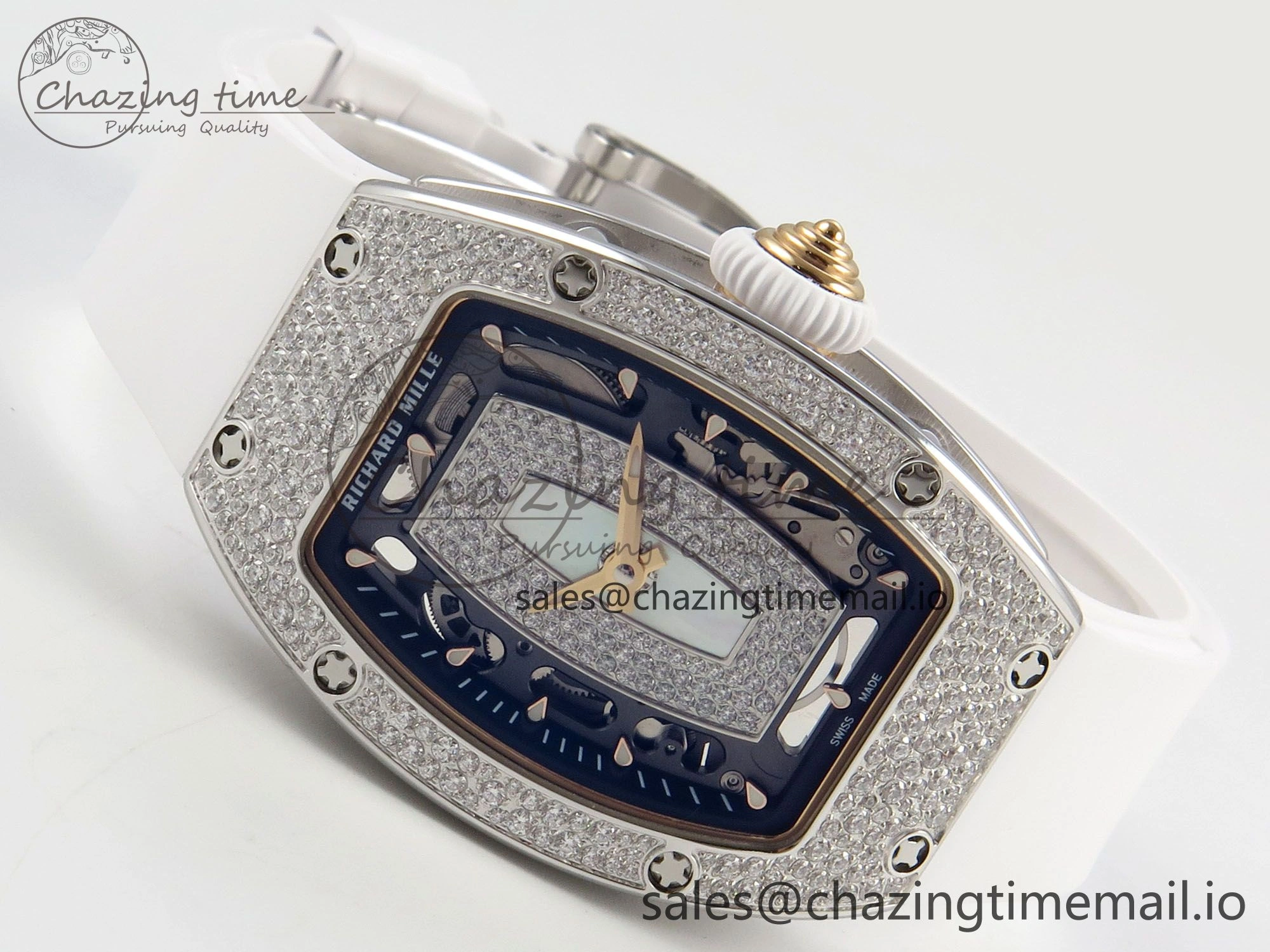 RM07 Ladies Snow Diamonds SS ZF 1:1 Best Edition White Dial on White Rubber Strap CRMA2 Clone SunProtective 9145