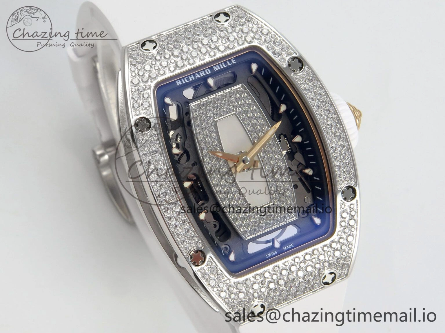 RM07 Ladies Snow Diamonds SS ZF 1:1 Best Edition White Dial on White Rubber Strap CRMA2 Clone SunProtective 9145