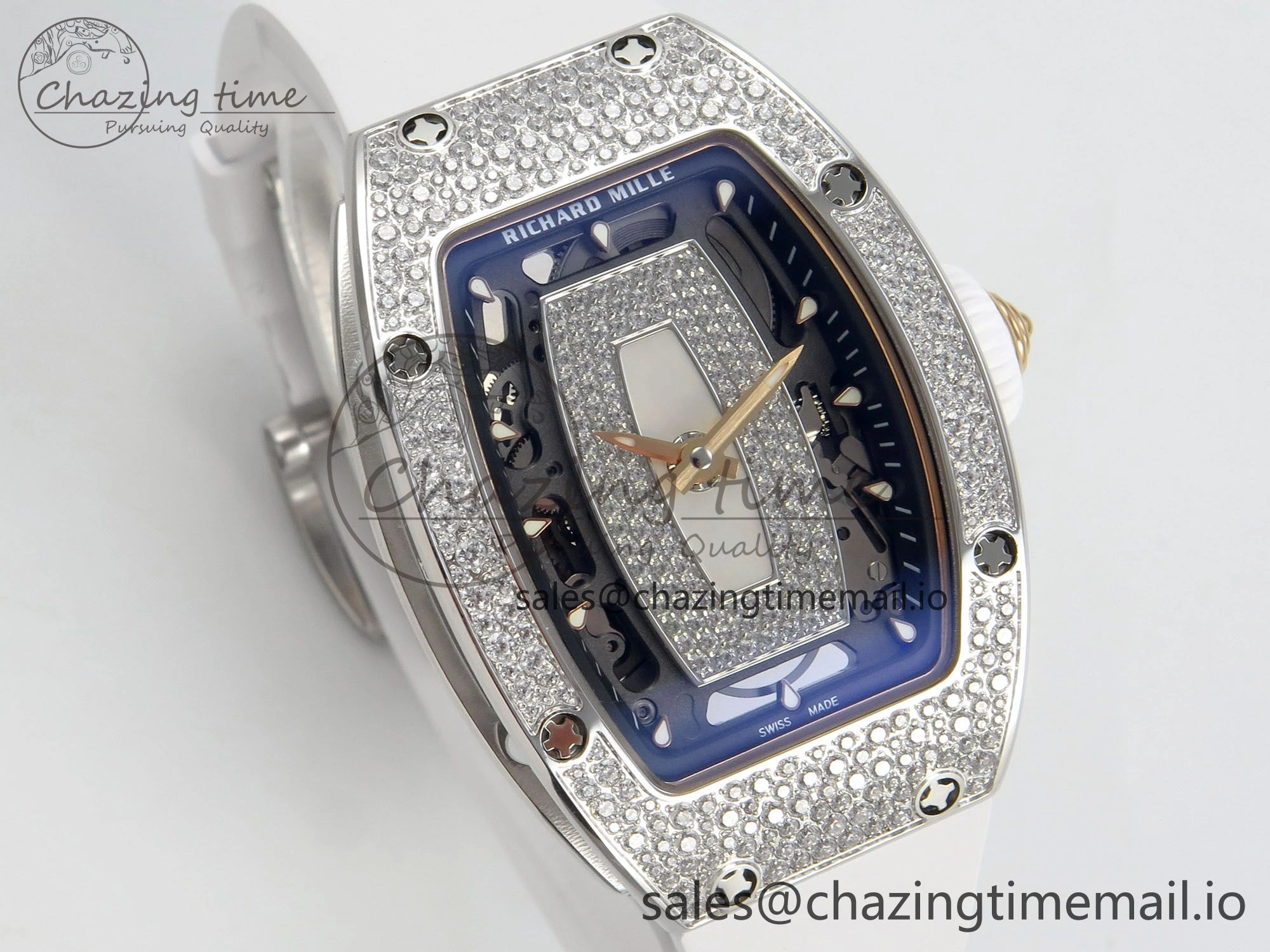 RM07 Ladies Snow Diamonds SS ZF 1:1 Best Edition White Dial on White Rubber Strap CRMA2 Clone SunProtective 9145