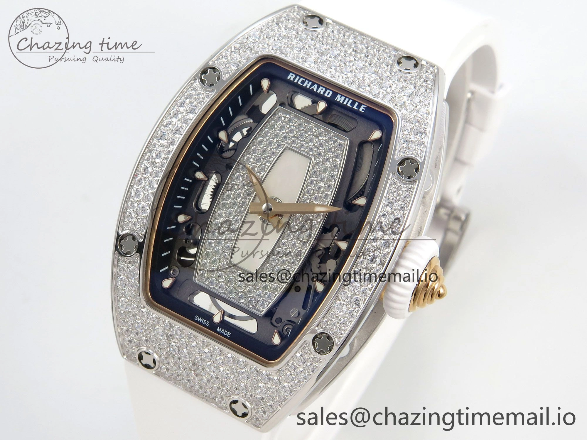 RM07 Ladies Snow Diamonds SS ZF 1:1 Best Edition White Dial on White Rubber Strap CRMA2 Clone SunProtective 9145