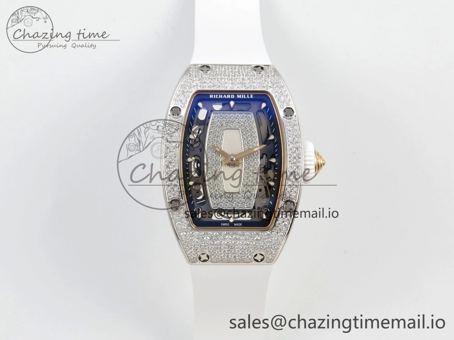 RM07 Ladies Snow Diamonds SS ZF 1:1 Best Edition White Dial on White Rubber Strap CRMA2 Clone SunProtective 9145