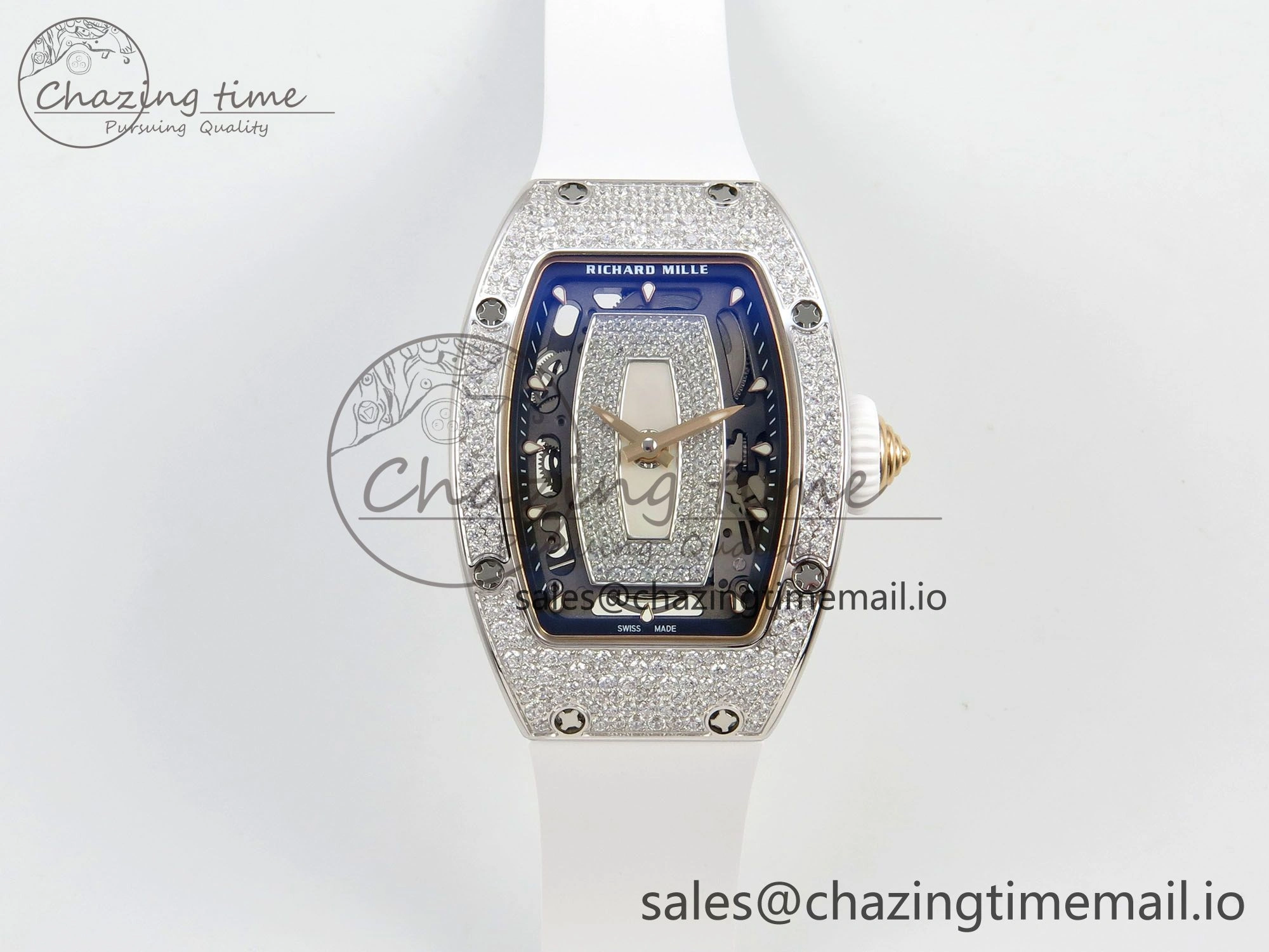 RM07 Ladies Snow Diamonds SS ZF 1:1 Best Edition White Dial on White Rubber Strap CRMA2 Clone SunProtective 9145
