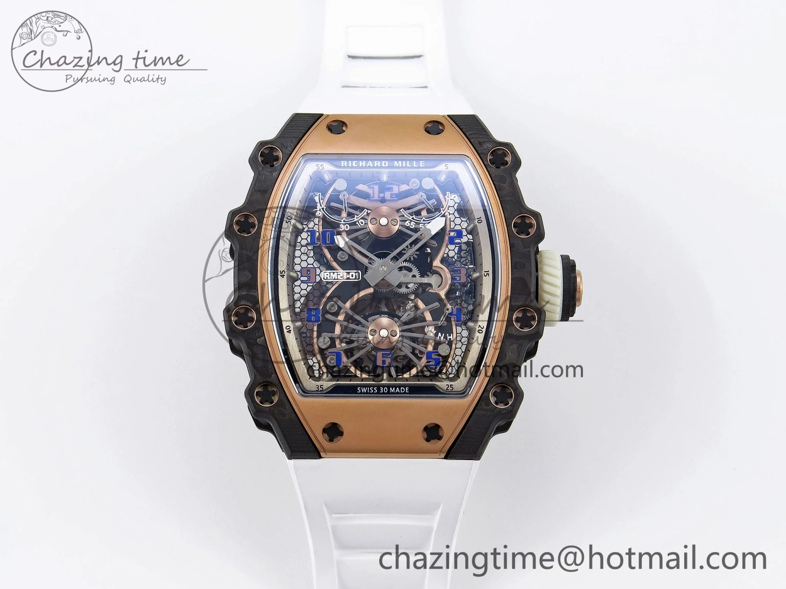 Durable RM21-01 Tourbillon NTPT RMF Best Edition RG Bezel Skeleton Dial on White Rubber Strap 9320