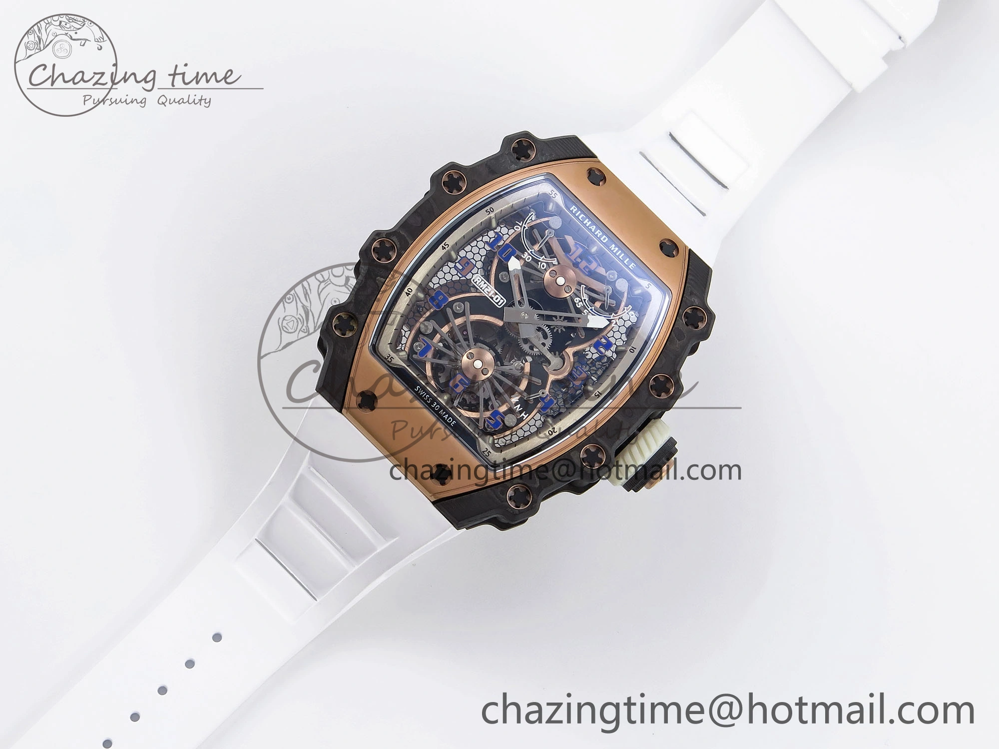 Durable RM21-01 Tourbillon NTPT RMF Best Edition RG Bezel Skeleton Dial on White Rubber Strap 9320