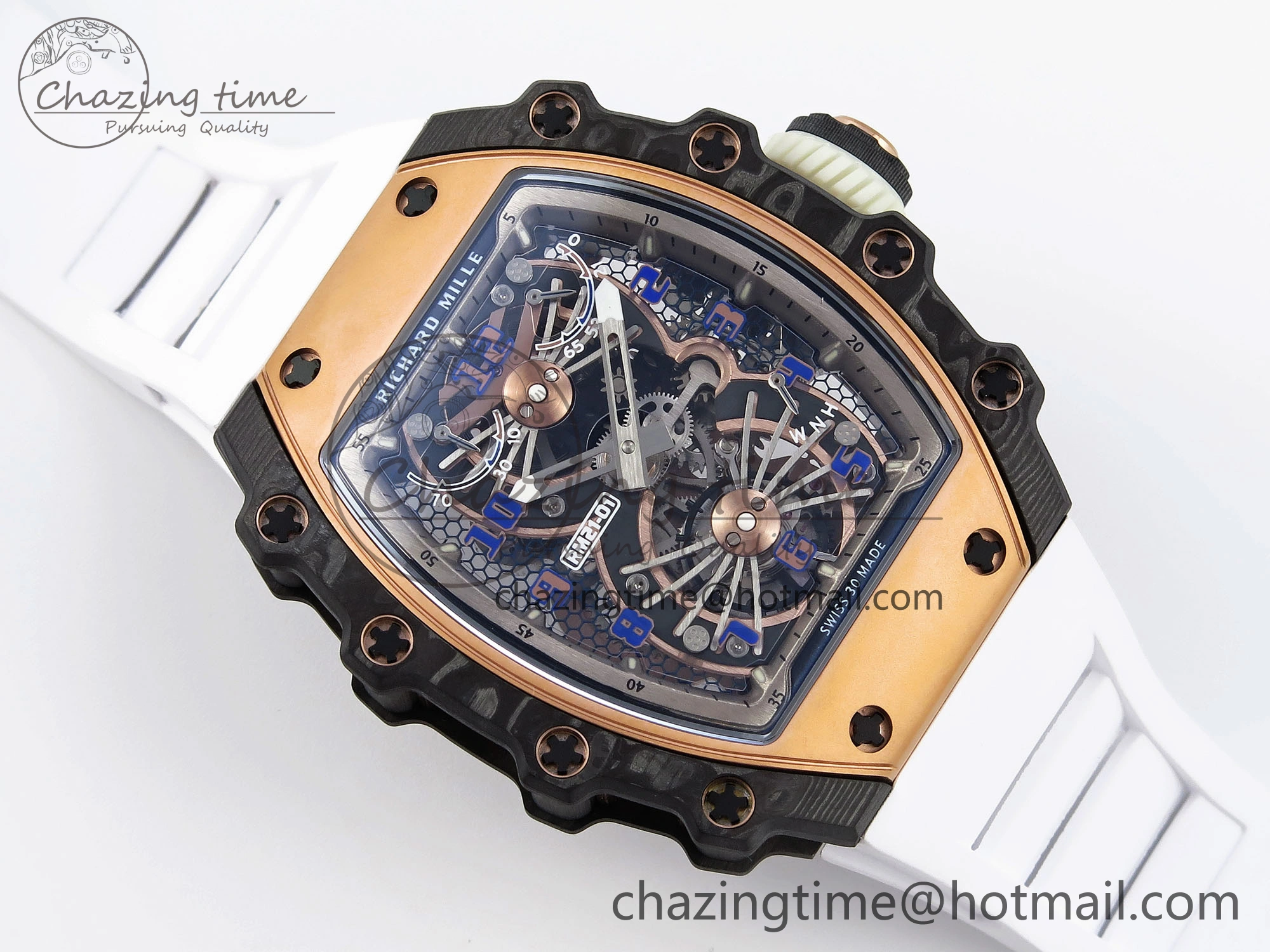 Durable RM21-01 Tourbillon NTPT RMF Best Edition RG Bezel Skeleton Dial on White Rubber Strap 9320