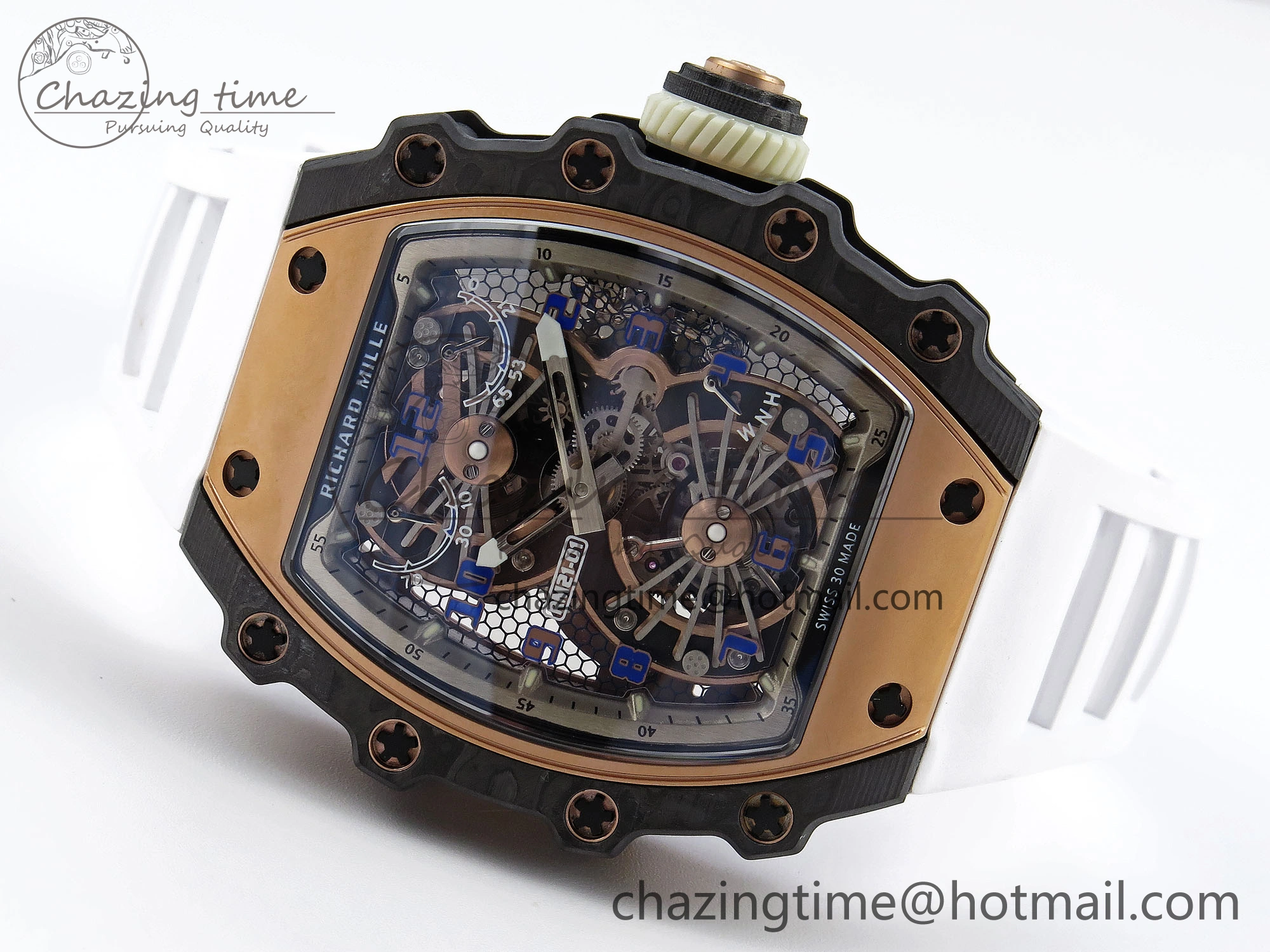 Durable RM21-01 Tourbillon NTPT RMF Best Edition RG Bezel Skeleton Dial on White Rubber Strap 9320