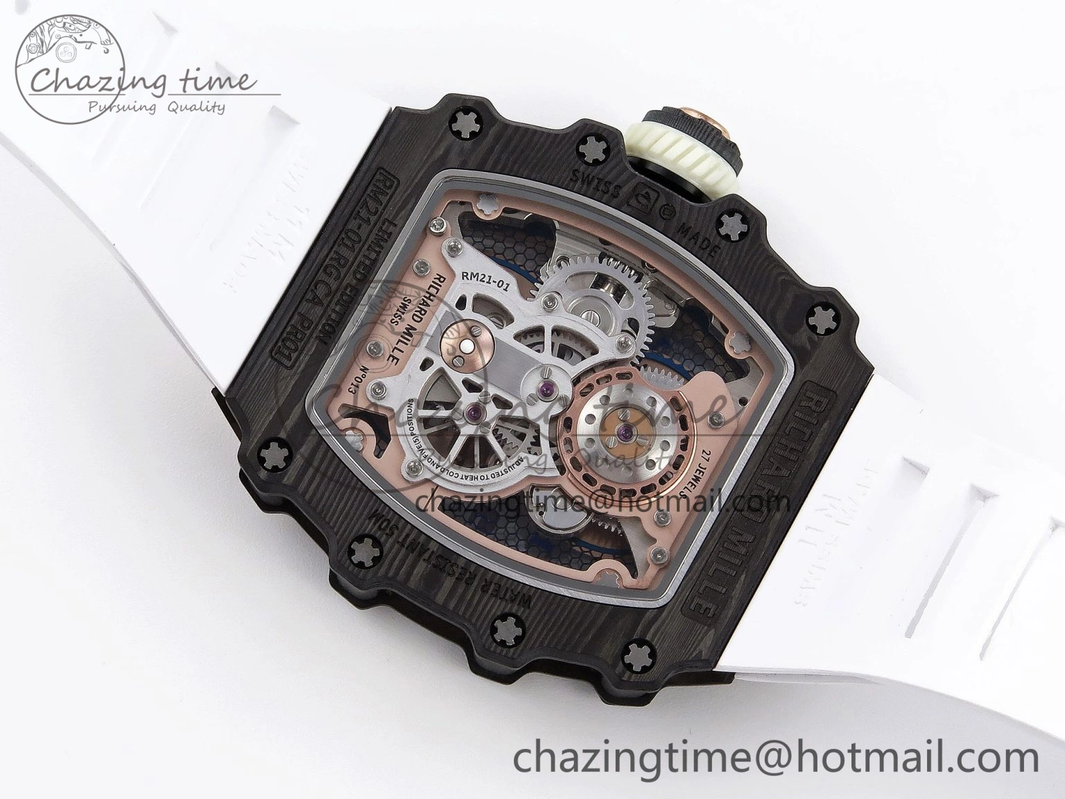 Durable RM21-01 Tourbillon NTPT RMF Best Edition RG Bezel Skeleton Dial on White Rubber Strap 9320