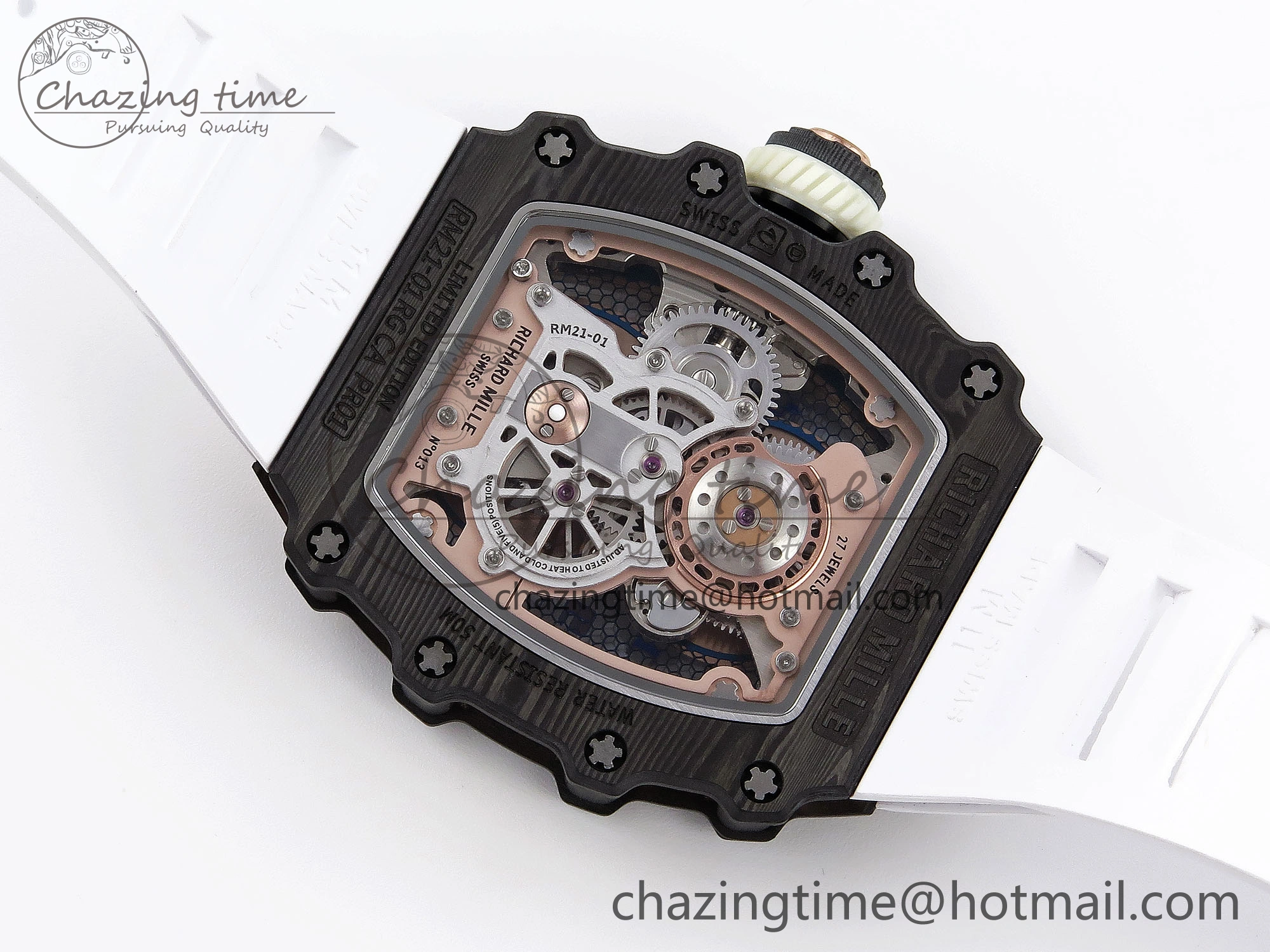 Durable RM21-01 Tourbillon NTPT RMF Best Edition RG Bezel Skeleton Dial on White Rubber Strap 9320