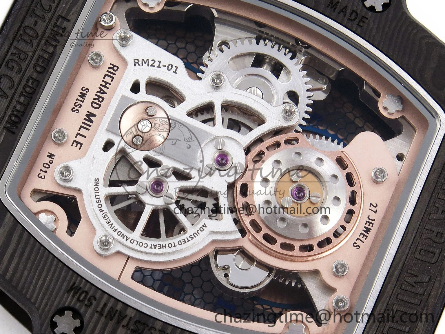 Durable RM21-01 Tourbillon NTPT RMF Best Edition RG Bezel Skeleton Dial on White Rubber Strap 9320
