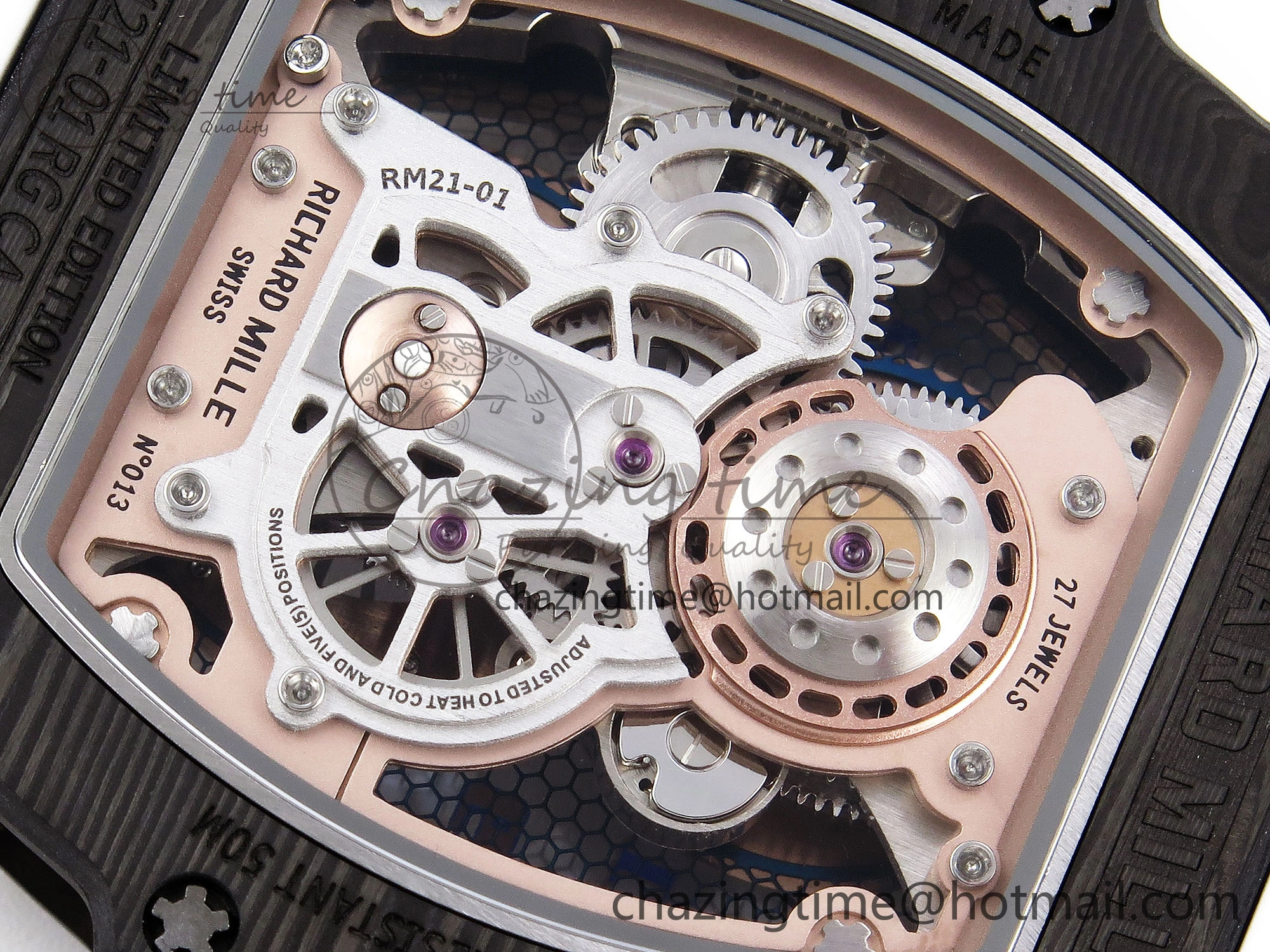 Durable RM21-01 Tourbillon NTPT RMF Best Edition RG Bezel Skeleton Dial on White Rubber Strap 9320
