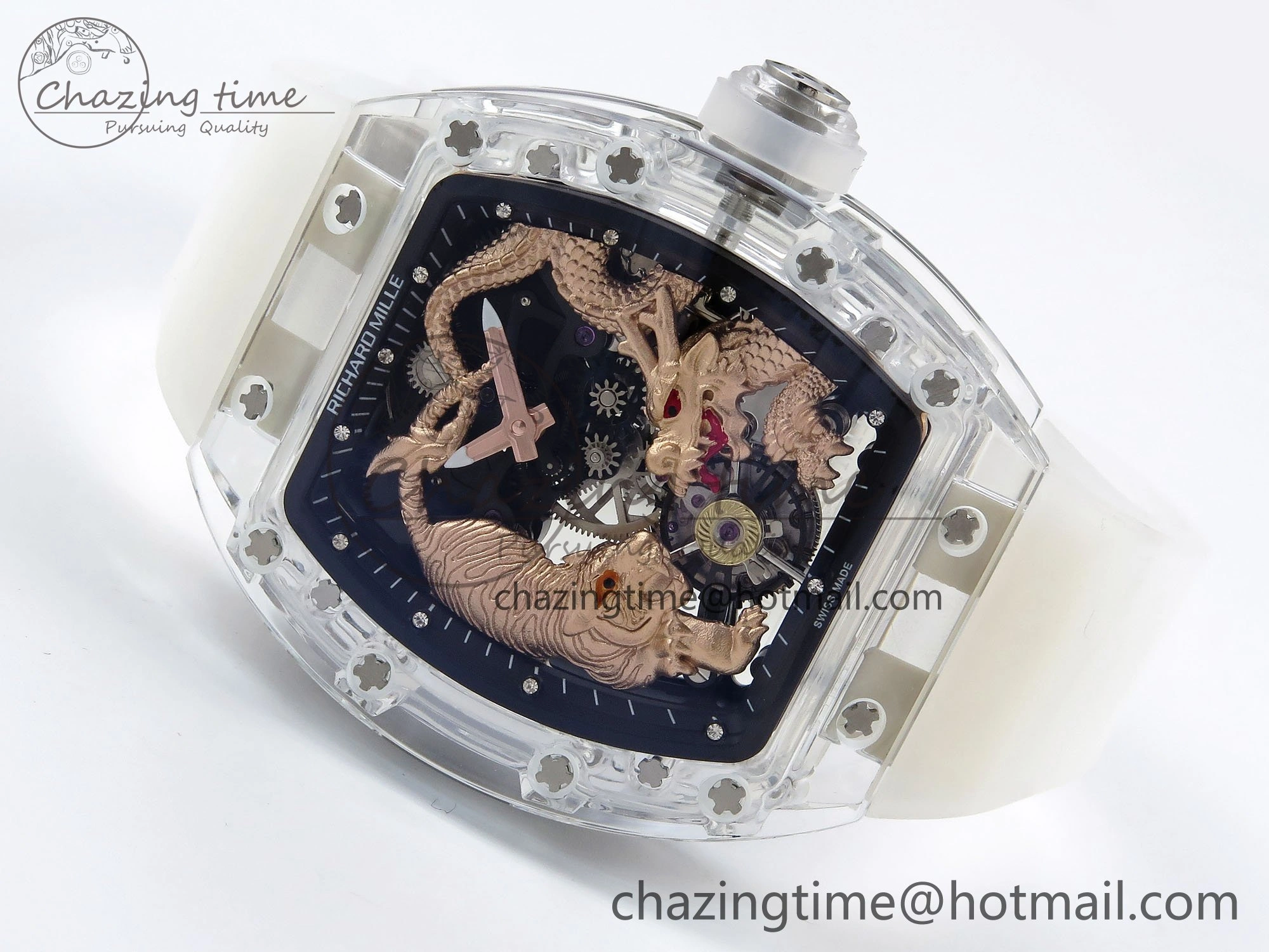 RM51 Transparent Tourbillon RMF Best Edition RG Tiger Dragon Dial on Transparent Rubber Strap UrbanStyle 9300