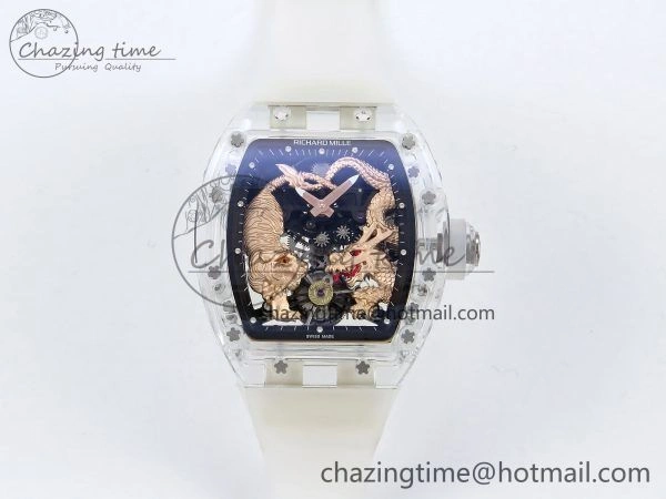 Affordable RM51 Transparent Tourbillon RMF Best Edition RG Tiger Dragon Dial on Transparent Rubber Strap 9287