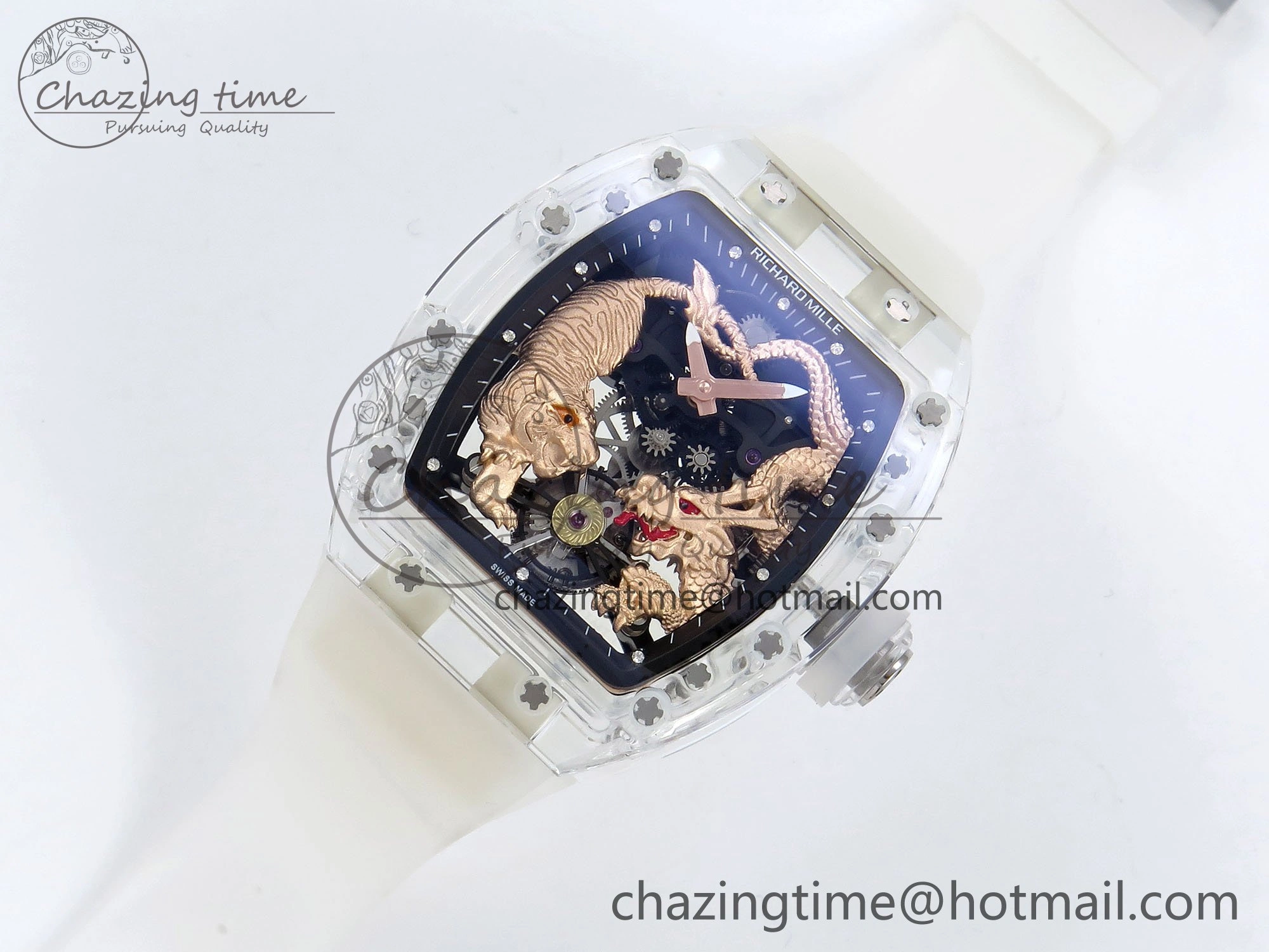 RM51 Transparent Tourbillon RMF Best Edition RG Tiger Dragon Dial on Transparent Rubber Strap UrbanStyle 9300