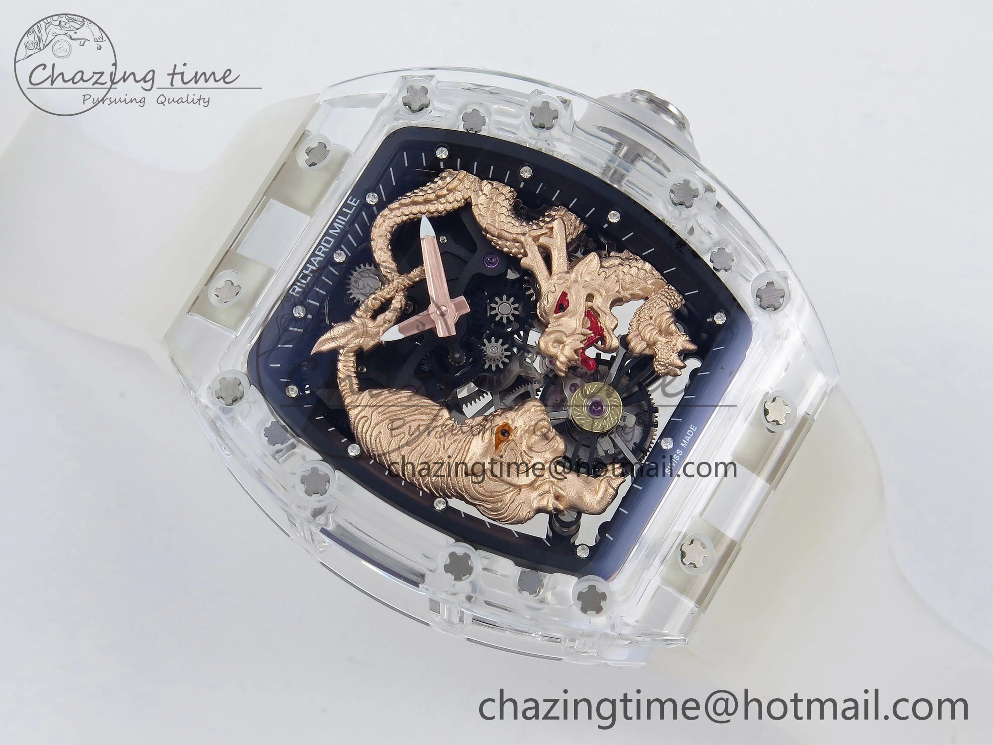 RM51 Transparent Tourbillon RMF Best Edition RG Tiger Dragon Dial on Transparent Rubber Strap UrbanStyle 9300