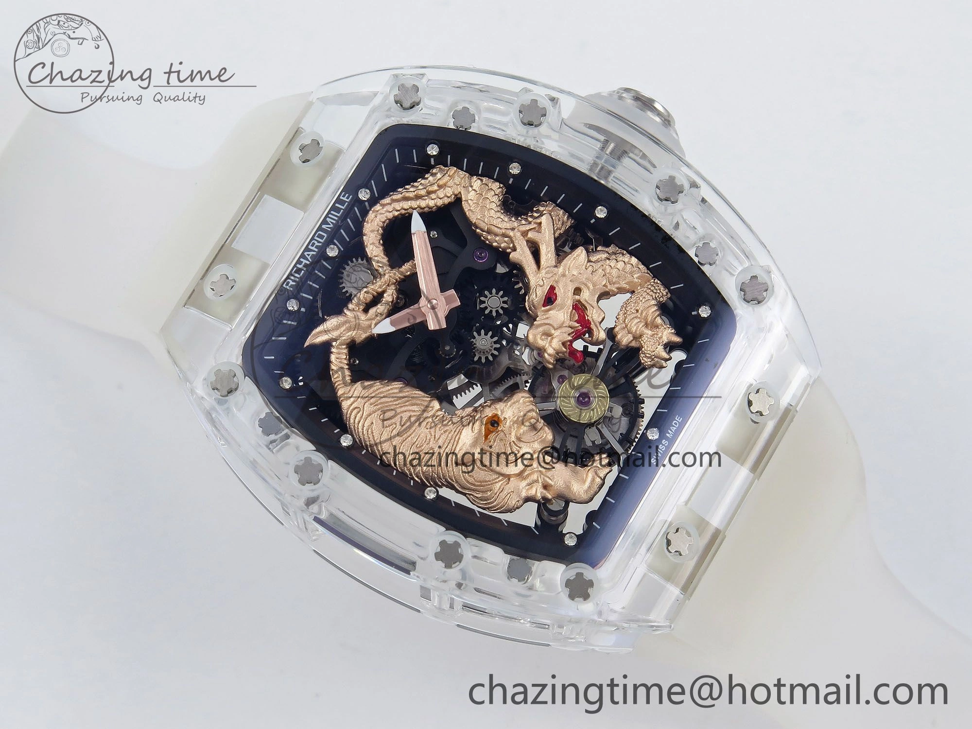 Affordable RM51 Transparent Tourbillon RMF Best Edition RG Tiger Dragon Dial on Transparent Rubber Strap 9287