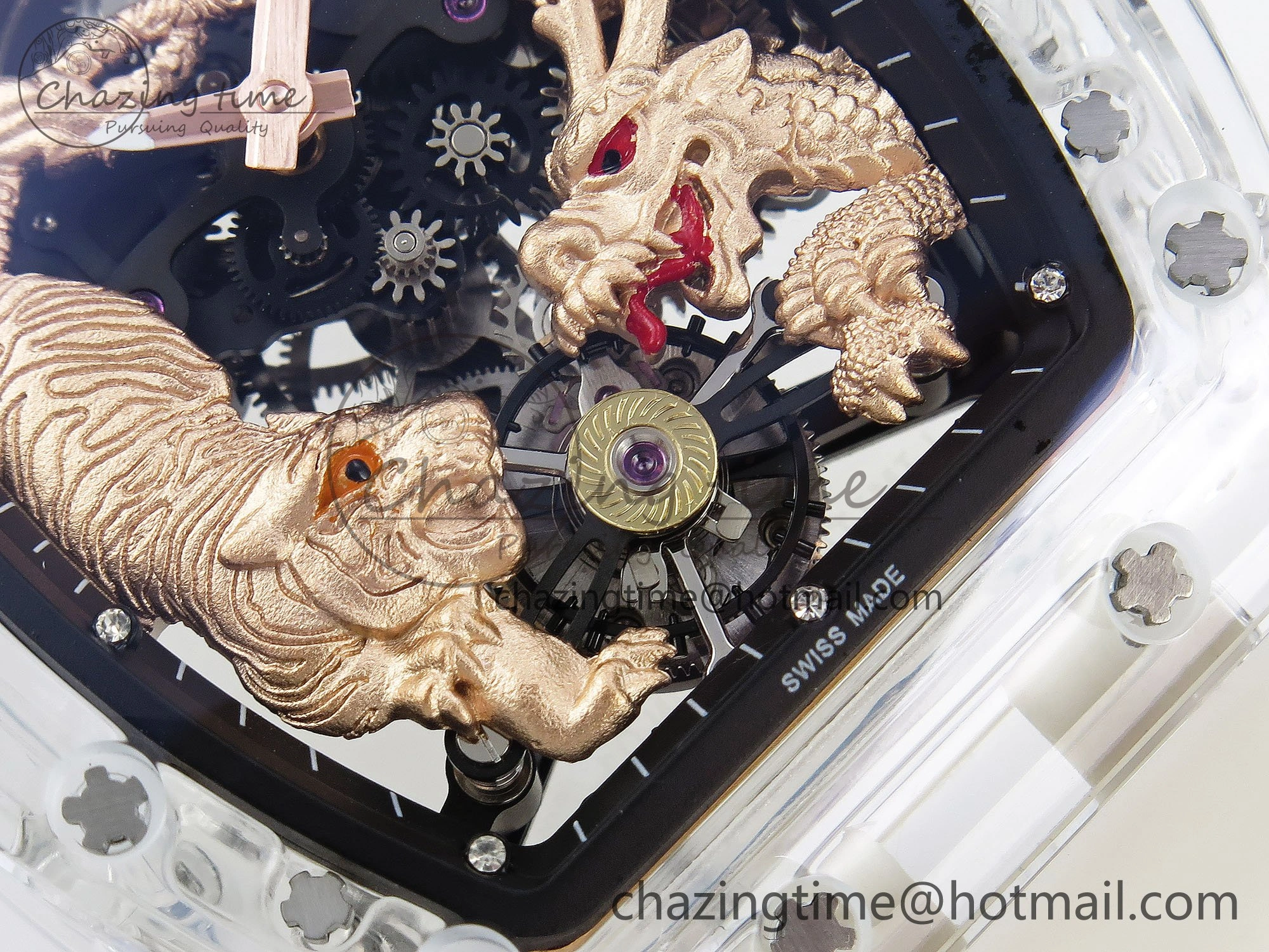 RM51 Transparent Tourbillon RMF Best Edition RG Tiger Dragon Dial on Transparent Rubber Strap UrbanStyle 9300