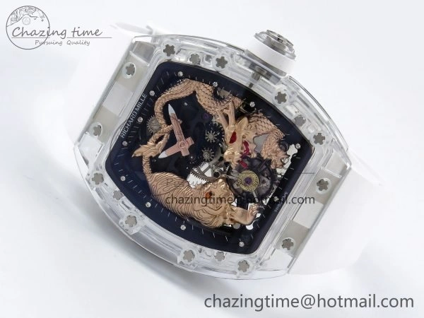 RM51 Transparent Tourbillon RMF Best Edition RG Tiger Dragon Dial on White Rubber Strap SportInspired 9301