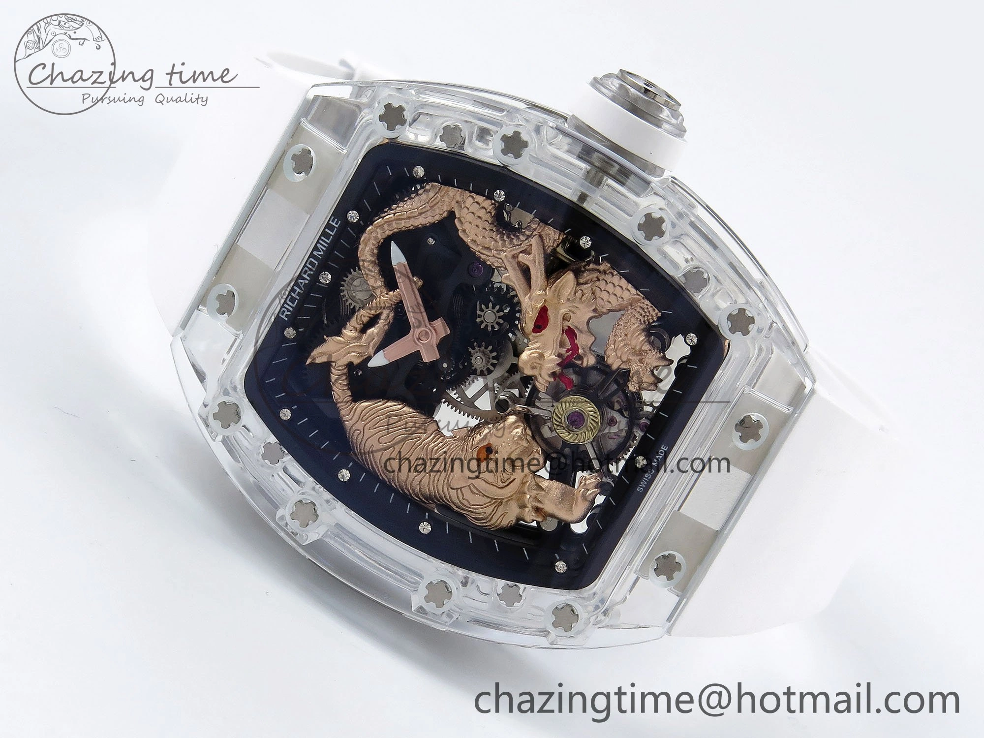 RM51 Transparent Tourbillon RMF Best Edition RG Tiger Dragon Dial on White Rubber Strap SportInspired 9301