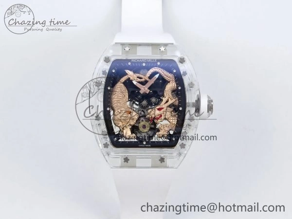 RM51 Transparent Tourbillon RMF Best Edition RG Tiger Dragon Dial on White Rubber Strap SportInspired 9301