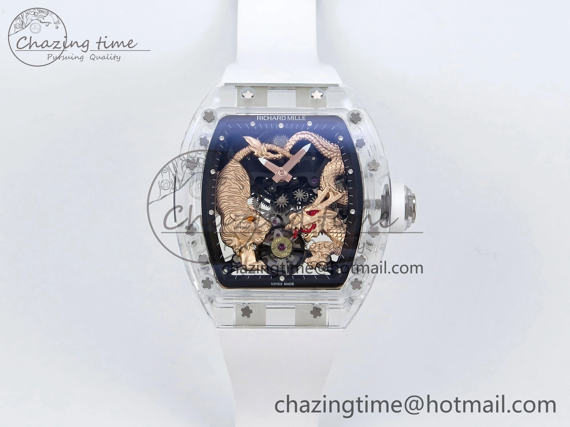 RM51 Transparent Tourbillon RMF Best Edition RG Tiger Dragon Dial on White Rubber Strap SportInspired 9301