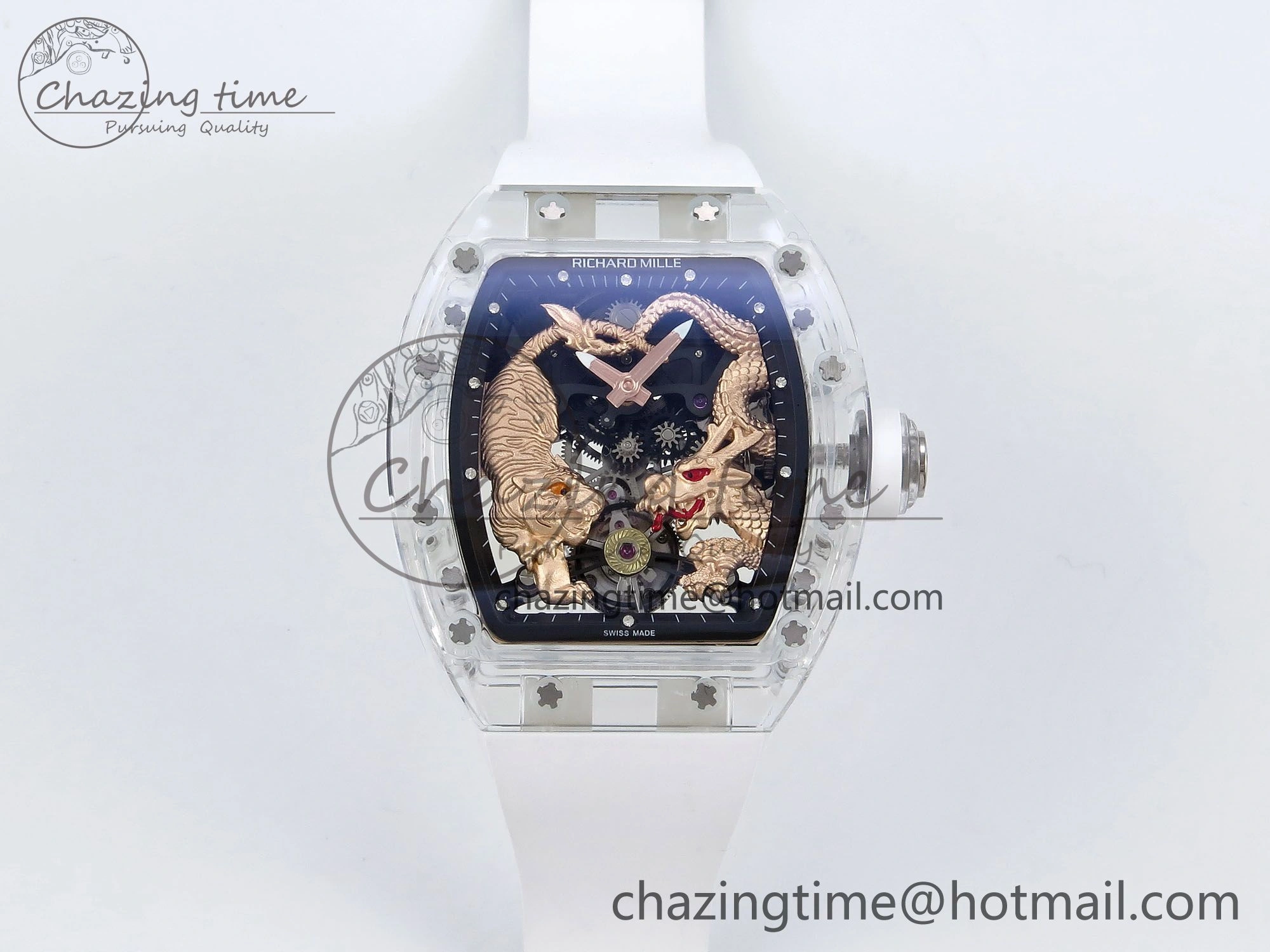 Reliable RM51 Transparent Tourbillon RMF Best Edition RG Tiger Dragon Dial on White Rubber Strap 9288