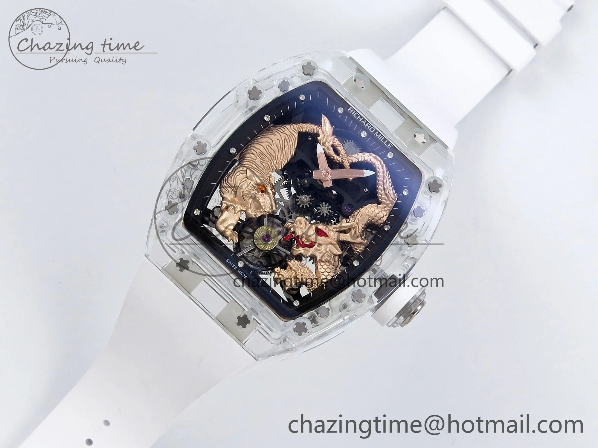 Reliable RM51 Transparent Tourbillon RMF Best Edition RG Tiger Dragon Dial on White Rubber Strap 9288