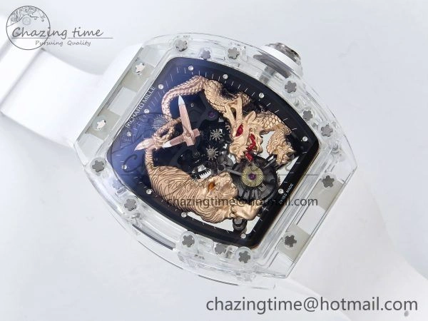 Reliable RM51 Transparent Tourbillon RMF Best Edition RG Tiger Dragon Dial on White Rubber Strap 9288