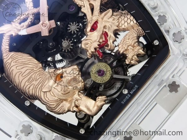RM51 Transparent Tourbillon RMF Best Edition RG Tiger Dragon Dial on White Rubber Strap SportInspired 9301