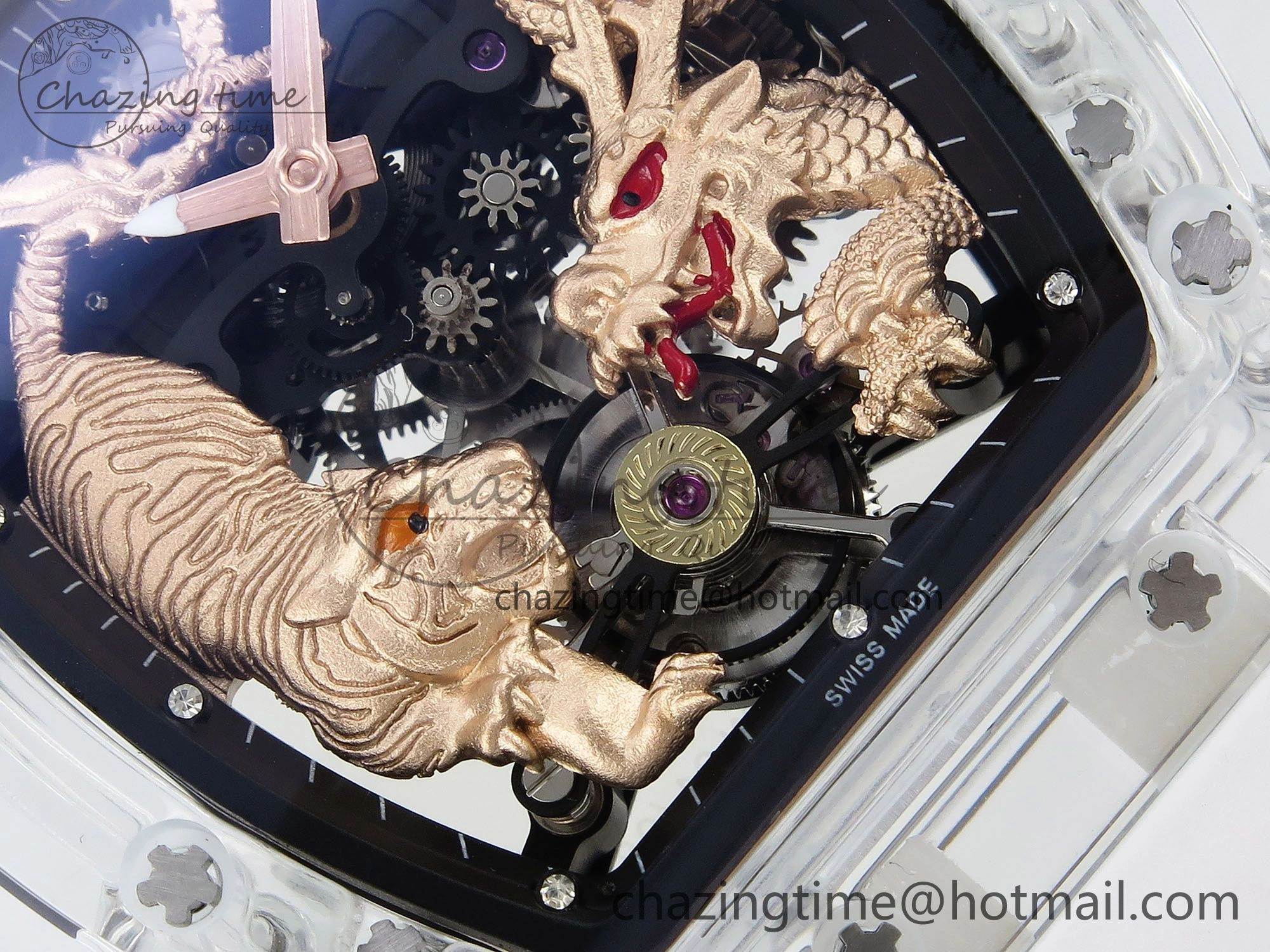 Reliable RM51 Transparent Tourbillon RMF Best Edition RG Tiger Dragon Dial on White Rubber Strap 9288
