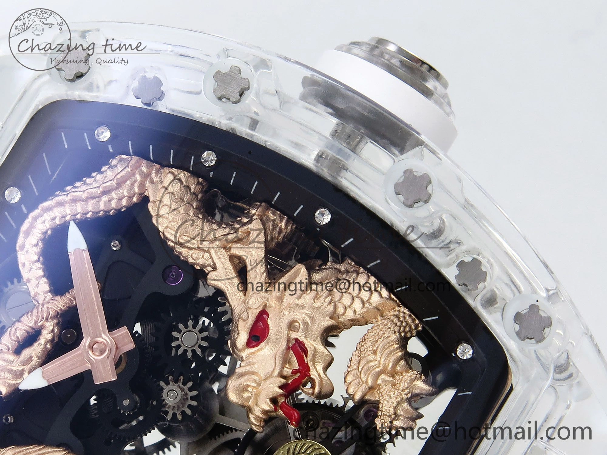 Reliable RM51 Transparent Tourbillon RMF Best Edition RG Tiger Dragon Dial on White Rubber Strap 9288
