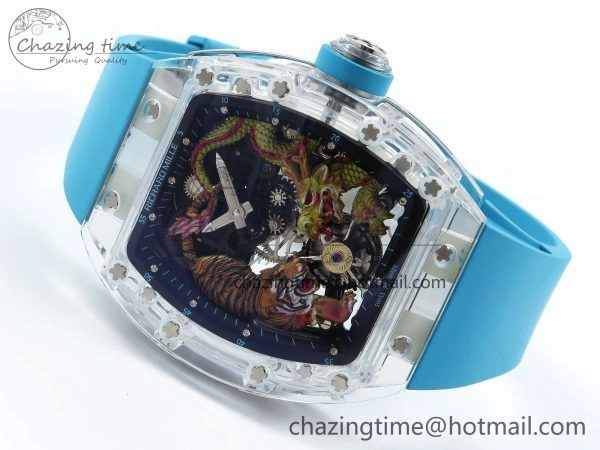 RM51 Transparent Tourbillon RMF Best Edition Tiger Dragon Dial on Blue Rubber Strap SmoothTexture 9289