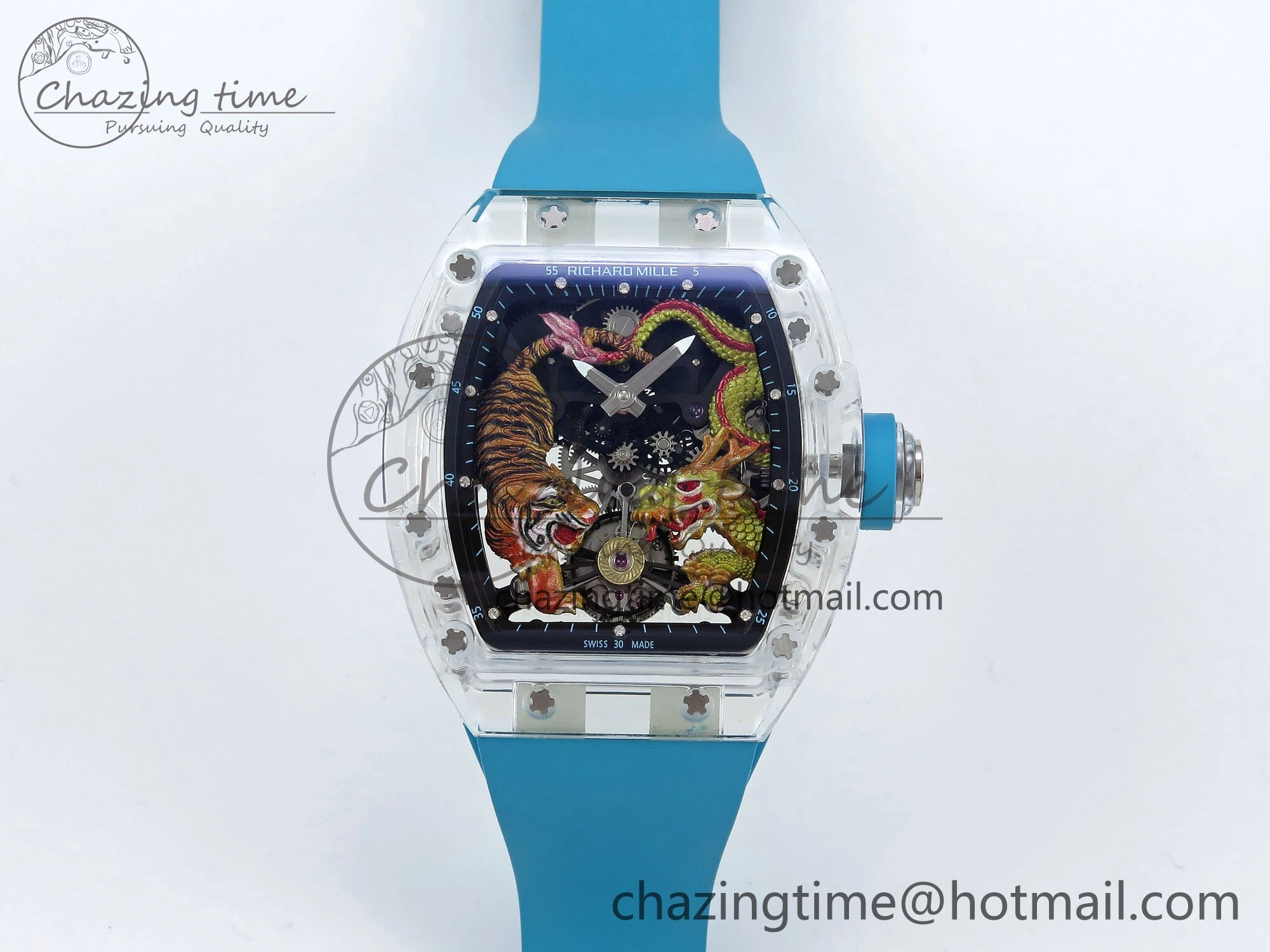 RM51 Transparent Tourbillon RMF Best Edition Tiger Dragon Dial on Blue Rubber Strap UrbanChic 9303