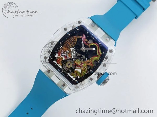 RM51 Transparent Tourbillon RMF Best Edition Tiger Dragon Dial on Blue Rubber Strap SmoothTexture 9289