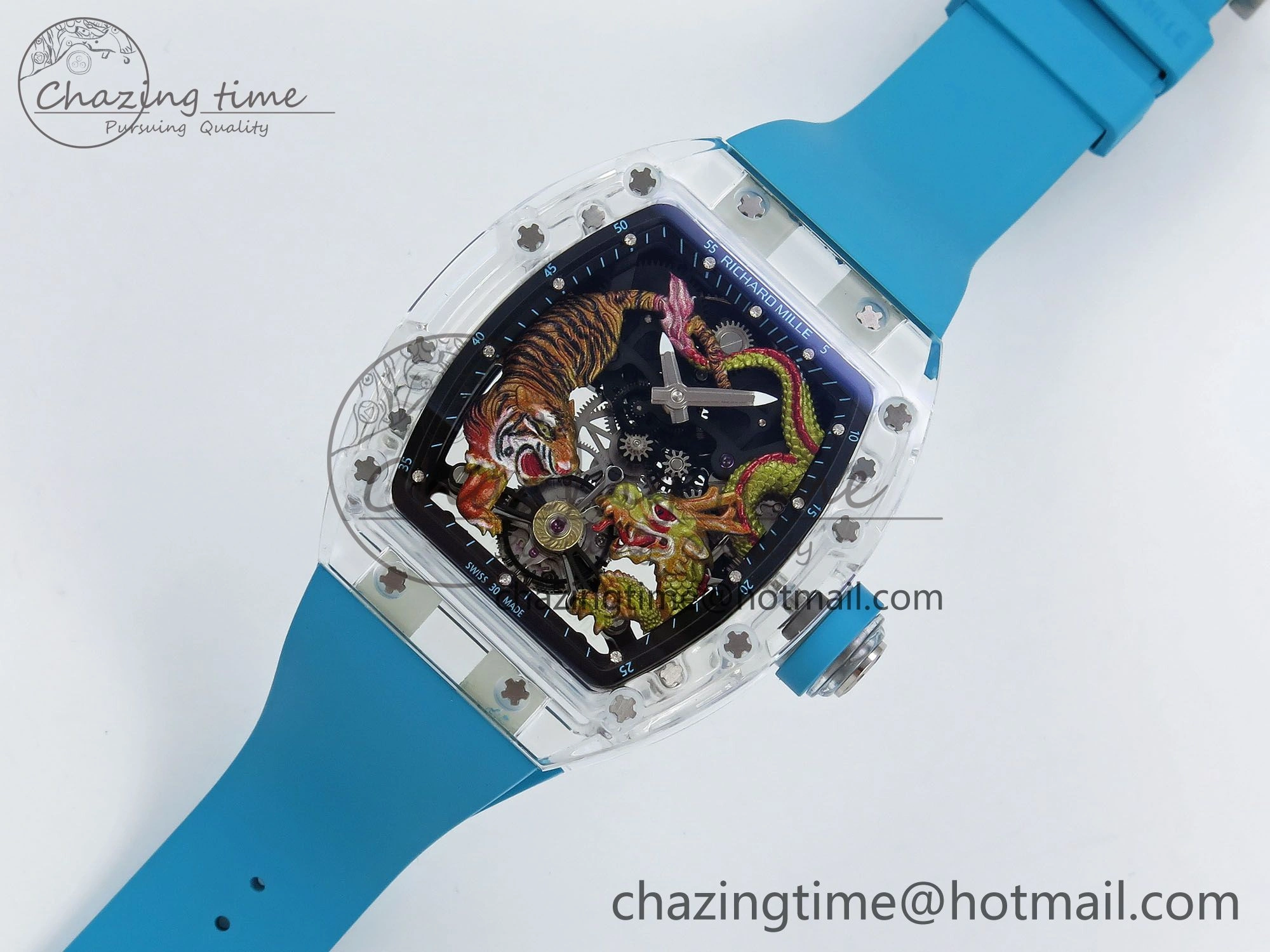 RM51 Transparent Tourbillon RMF Best Edition Tiger Dragon Dial on Blue Rubber Strap SmoothTexture 9289