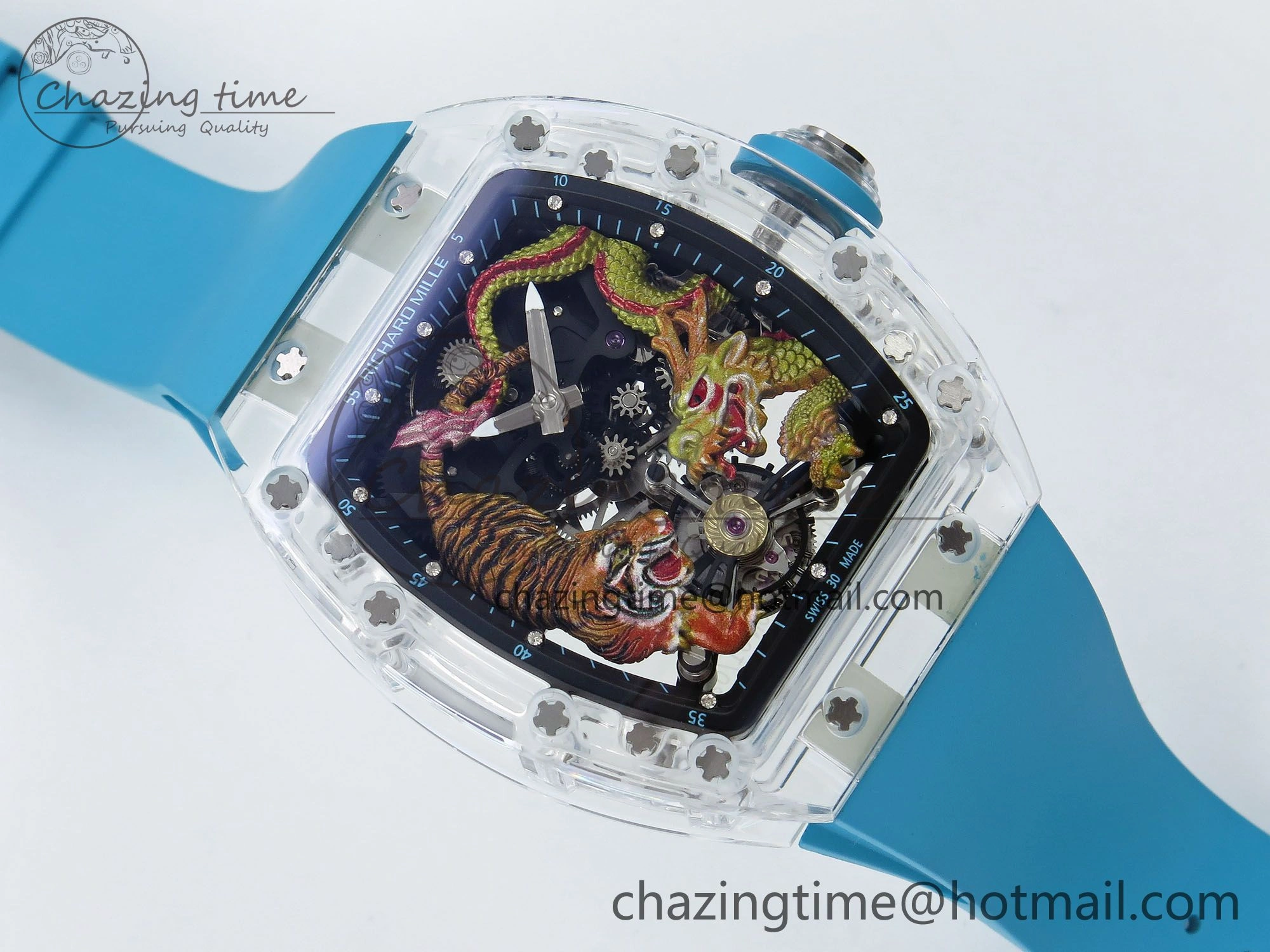 RM51 Transparent Tourbillon RMF Best Edition Tiger Dragon Dial on Blue Rubber Strap SmoothTexture 9289