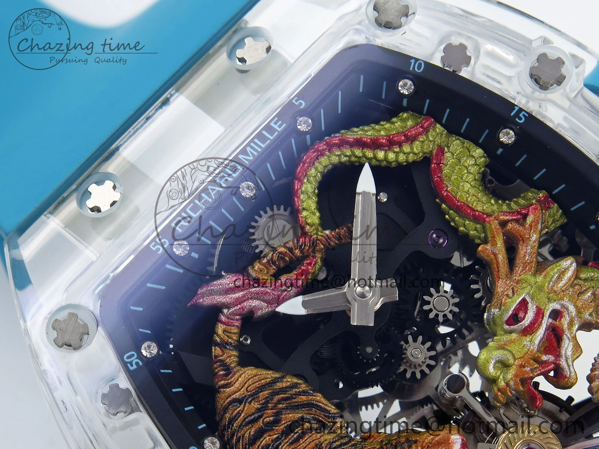 RM51 Transparent Tourbillon RMF Best Edition Tiger Dragon Dial on Blue Rubber Strap SmoothTexture 9289