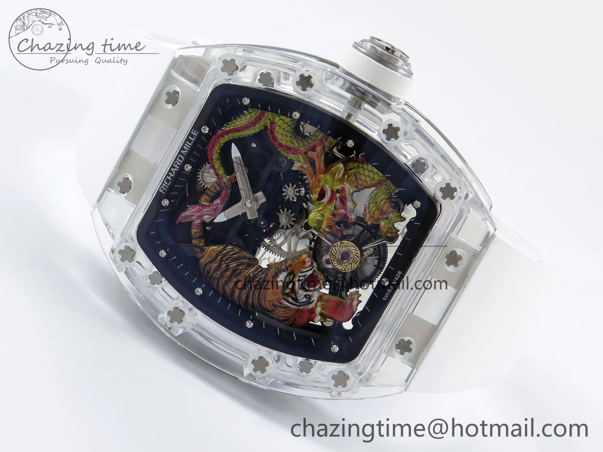 RM51 Transparent Tourbillon RMF Best Edition Tiger Dragon Dial on White Rubber Strap TravelReady 9302