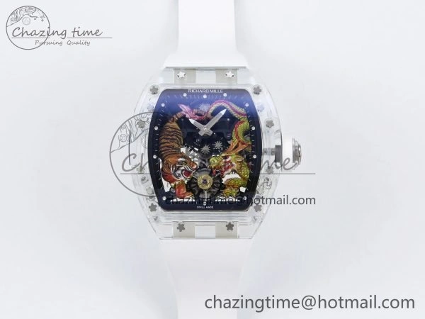 RM51 Transparent Tourbillon RMF Best Edition Tiger Dragon Dial on White Rubber Strap TravelReady 9302