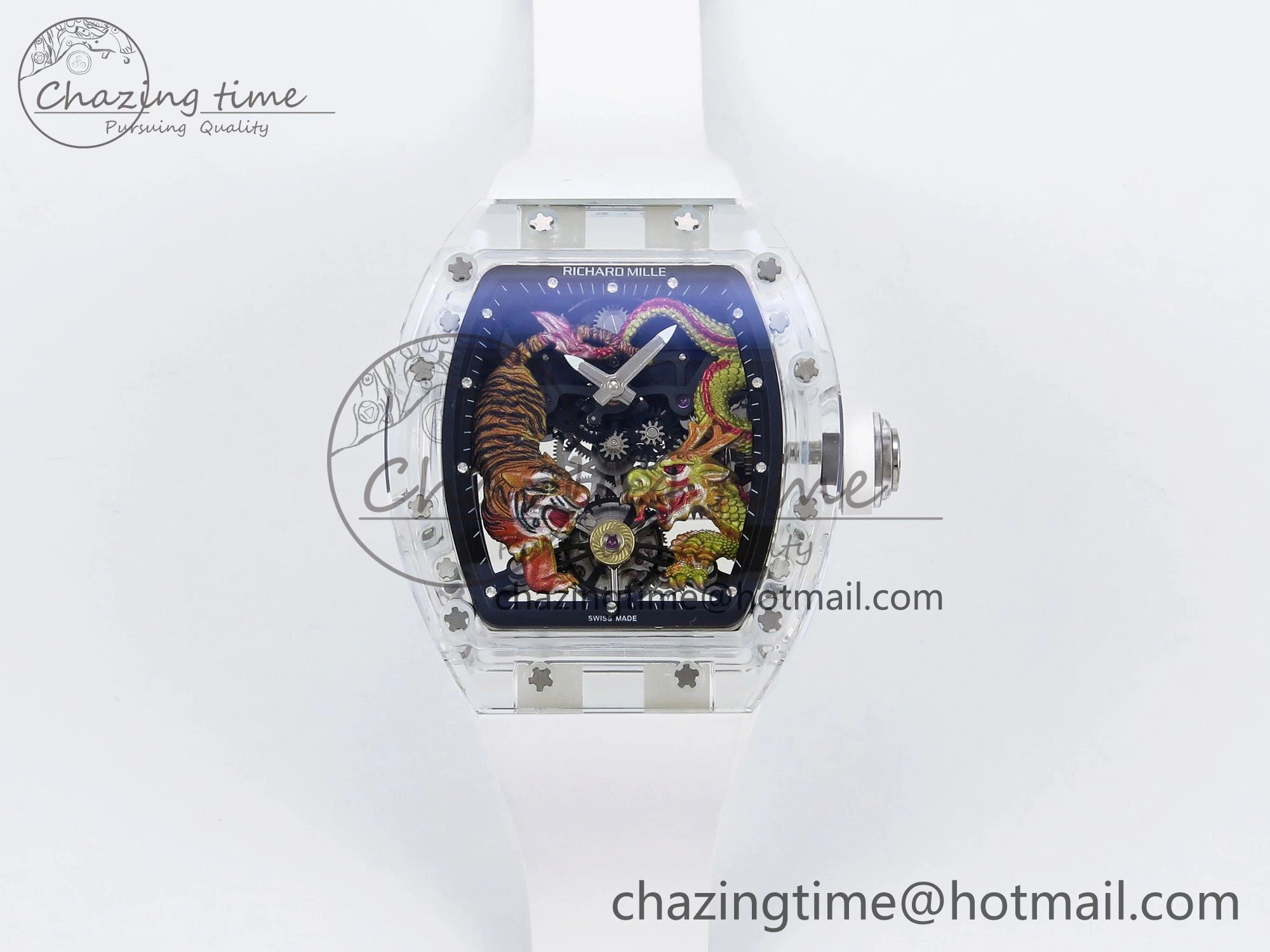 RM51 Transparent Tourbillon RMF Best Edition Tiger Dragon Dial on White Rubber Strap TravelReady 9302