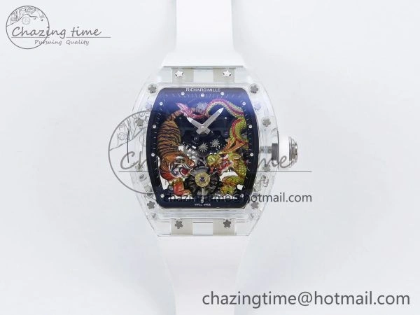 Classic RM51 Transparent Tourbillon RMF Best Edition Tiger Dragon Dial on White Rubber Strap 9286