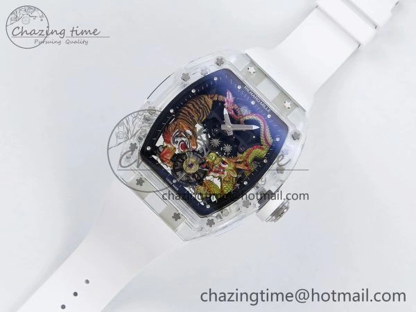 Classic RM51 Transparent Tourbillon RMF Best Edition Tiger Dragon Dial on White Rubber Strap 9286