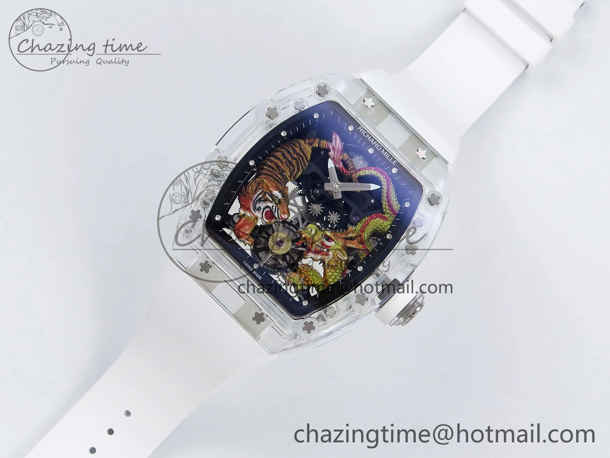 Classic RM51 Transparent Tourbillon RMF Best Edition Tiger Dragon Dial on White Rubber Strap 9286