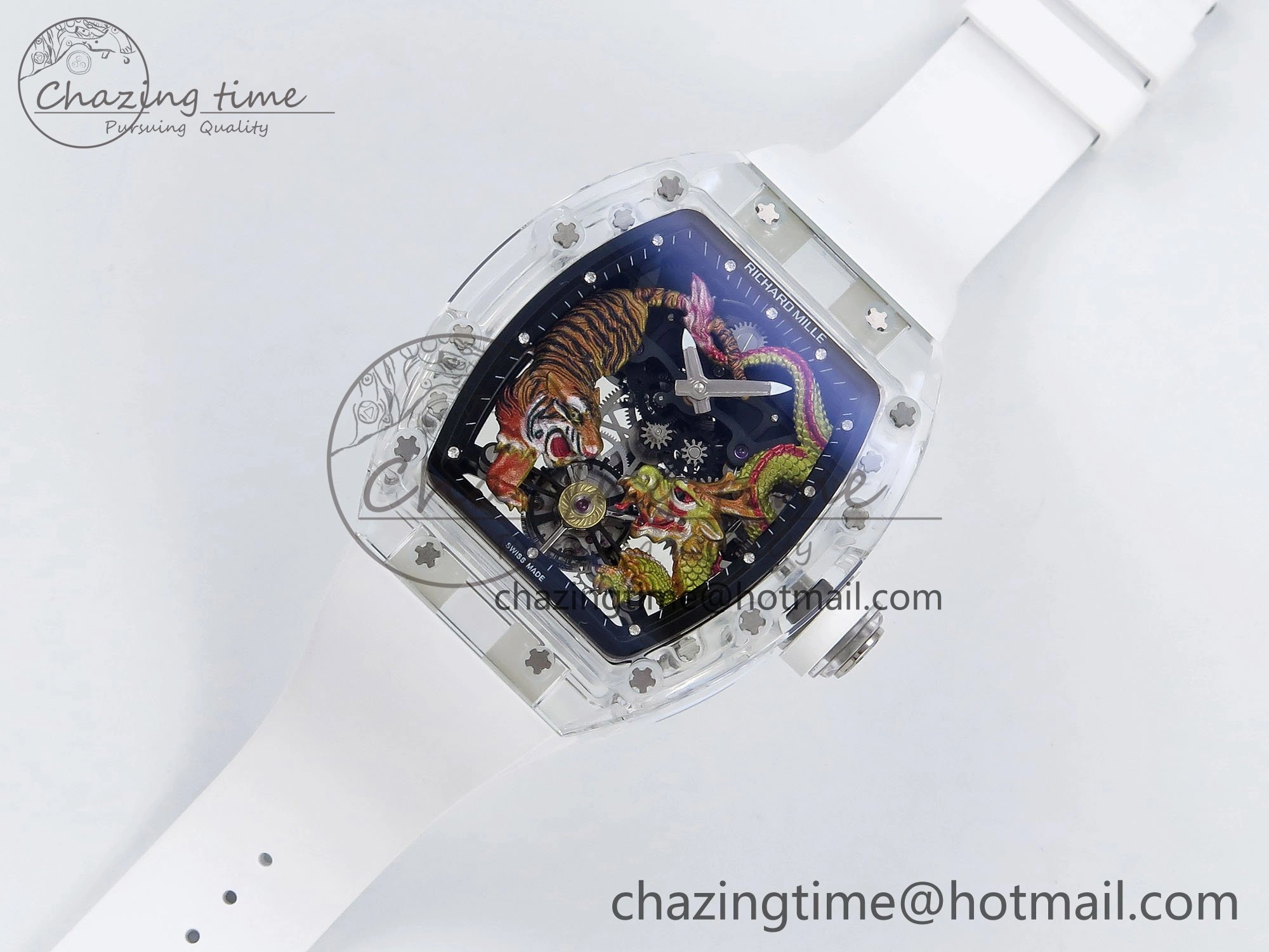 RM51 Transparent Tourbillon RMF Best Edition Tiger Dragon Dial on White Rubber Strap TravelReady 9302