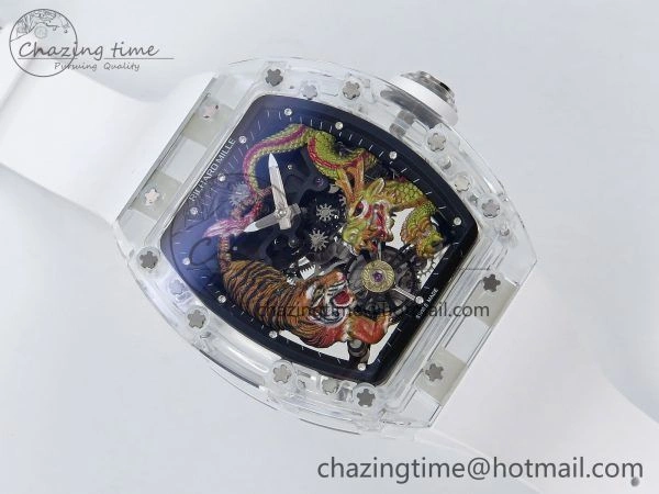 Classic RM51 Transparent Tourbillon RMF Best Edition Tiger Dragon Dial on White Rubber Strap 9286