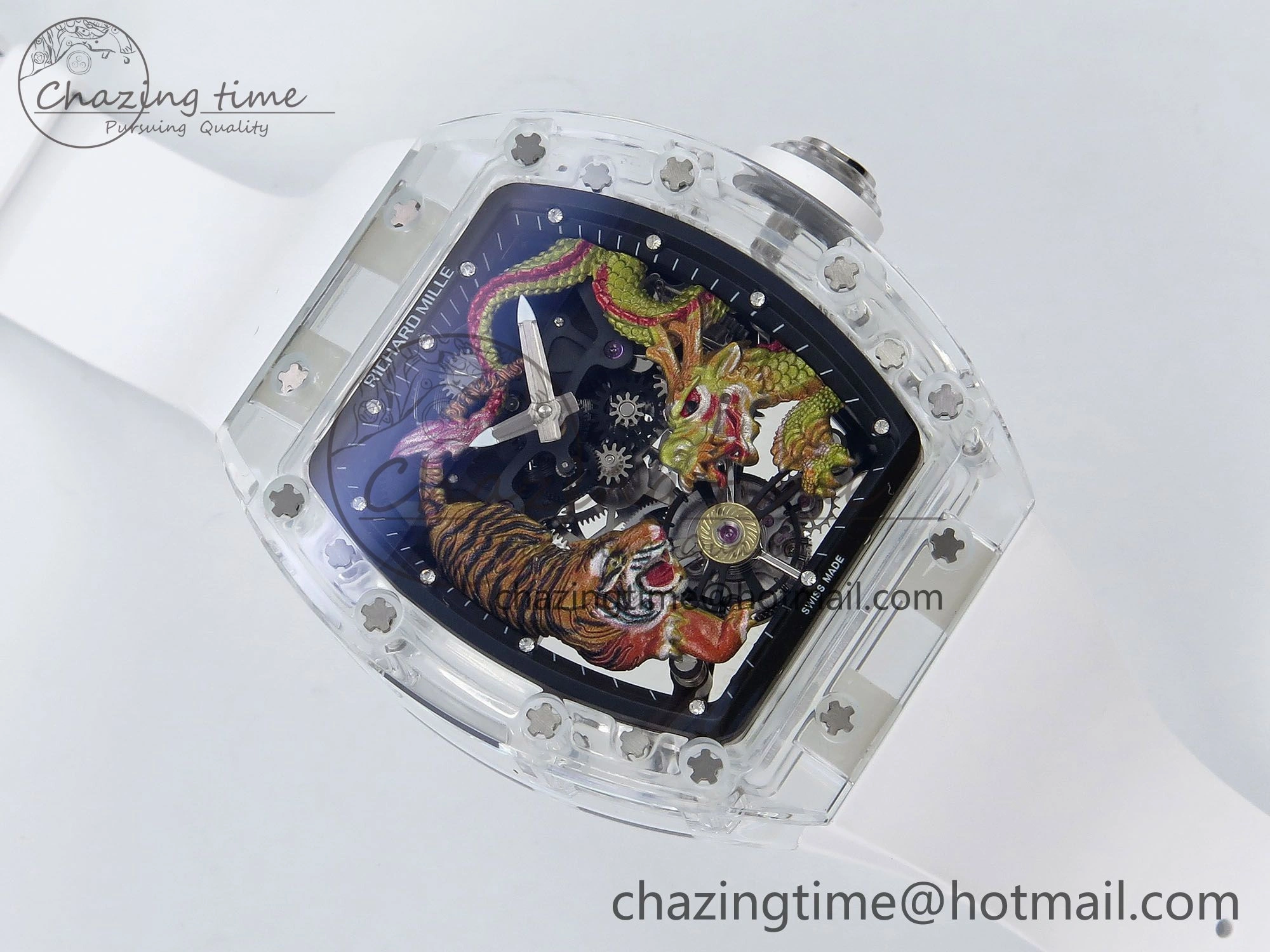 Classic RM51 Transparent Tourbillon RMF Best Edition Tiger Dragon Dial on White Rubber Strap 9286