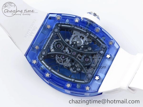 MultiPurpose RM53-02 BLUE TRANSPARENT TOURBILLON RMF BEST EDITION SKELETON DIAL ON WHITE RUBBER STRAP V 9313