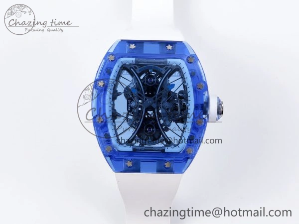 MultiPurpose RM53-02 BLUE TRANSPARENT TOURBILLON RMF BEST EDITION SKELETON DIAL ON WHITE RUBBER STRAP V 9313