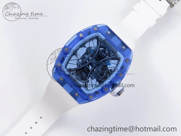 MultiPurpose RM53-02 BLUE TRANSPARENT TOURBILLON RMF BEST EDITION SKELETON DIAL ON WHITE RUBBER STRAP V 9313