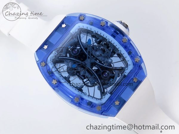 MultiPurpose RM53-02 BLUE TRANSPARENT TOURBILLON RMF BEST EDITION SKELETON DIAL ON WHITE RUBBER STRAP V 9313